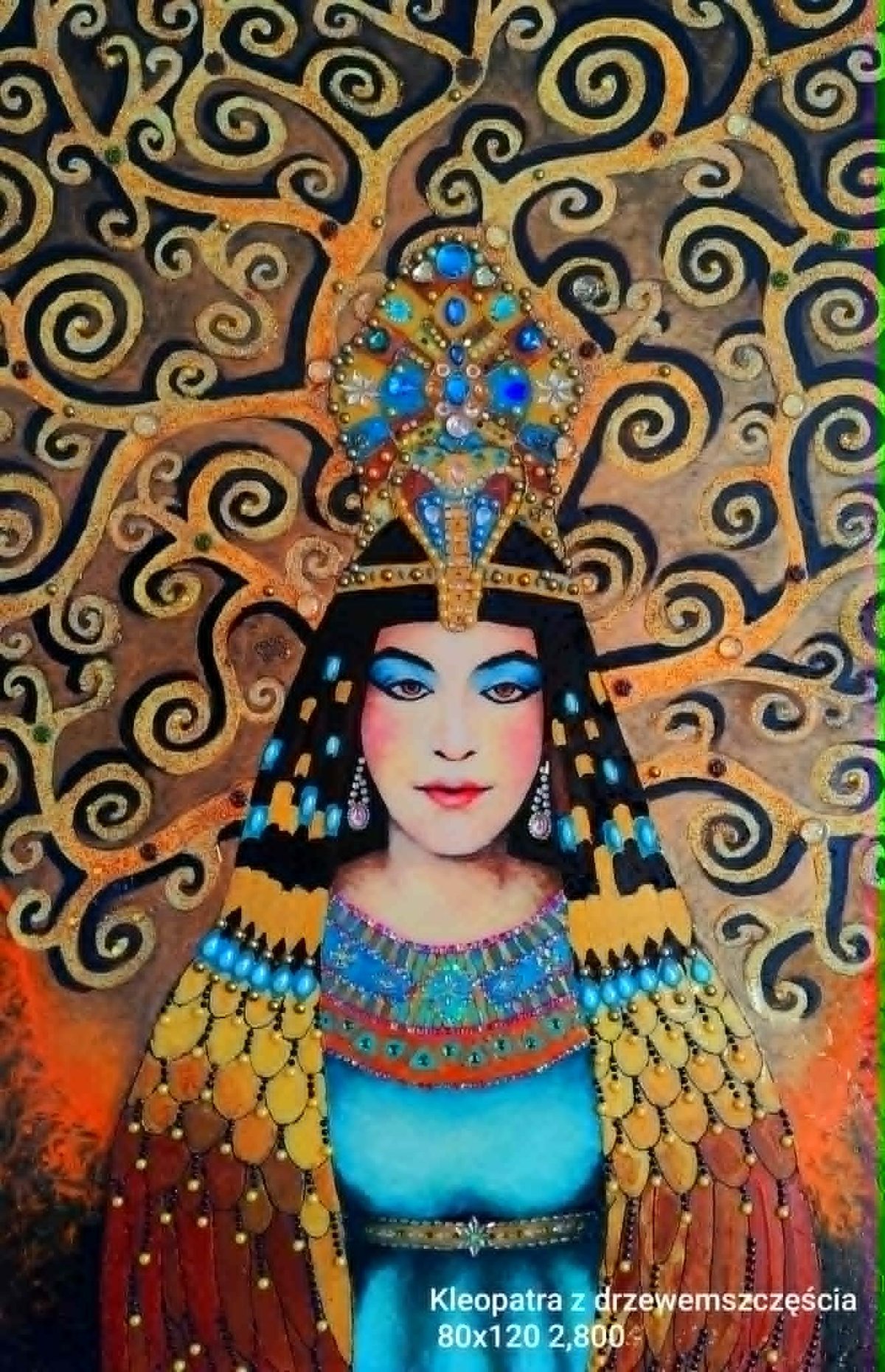 Portret Kleopatry w ozdobnym egipskim nakryciu głowy z granatu i złota, na tle złotych spiral
